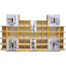 Стінка  «Шкільна подорож» 3520х410х1594 мм (Складається з елементів: 5401×2, 5404+Ф1 ШП, 5404+Ф2 ШП, 5405+Ф3 ШП, 5406×2) Колір: Дуб молочний, Лаванда