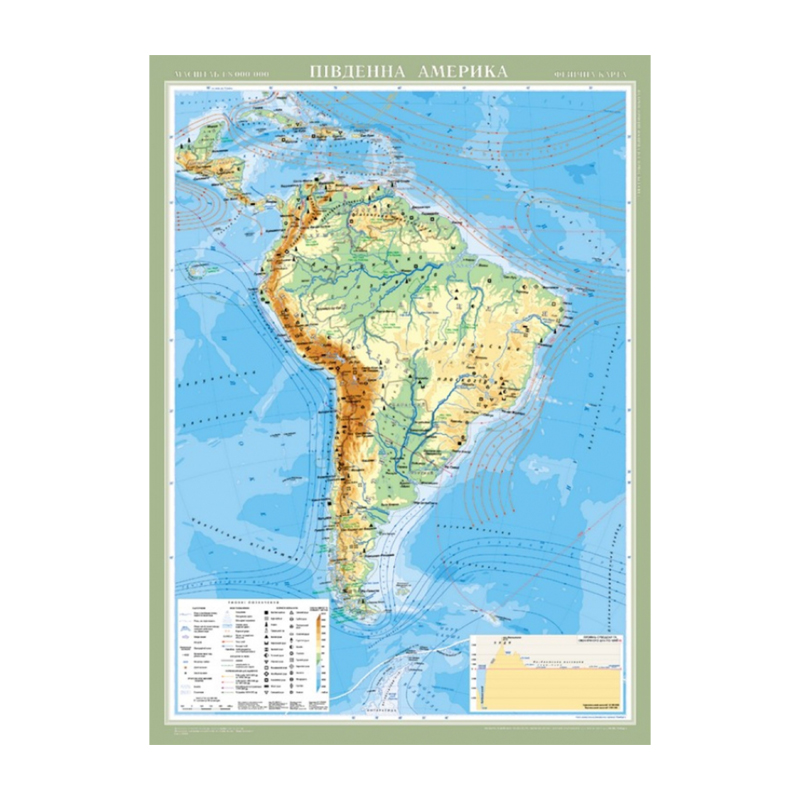 Південна Америка. Фізична карта. М-б: 1:8 000 000 (ламінований картон на планках)